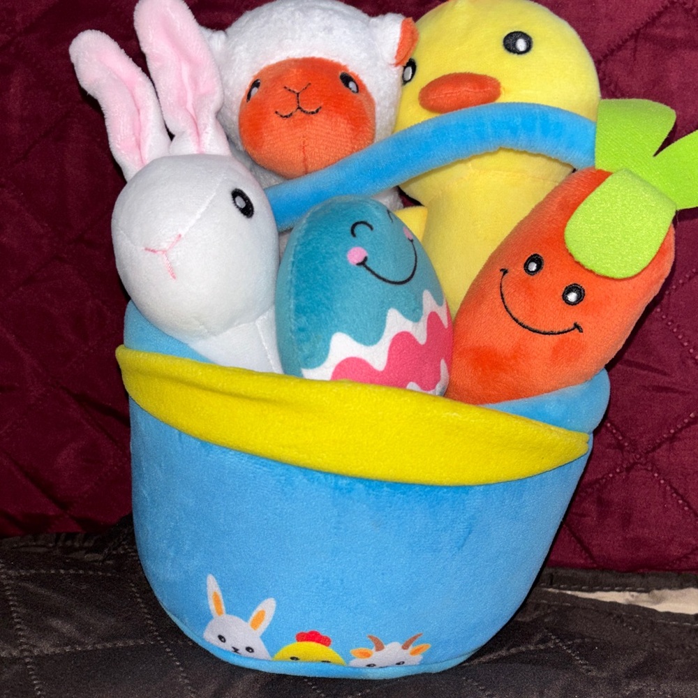 Baby Easter Basket Soft stuffed animal set, rattles squeaks, baby soft safe - Picture 3 of 11